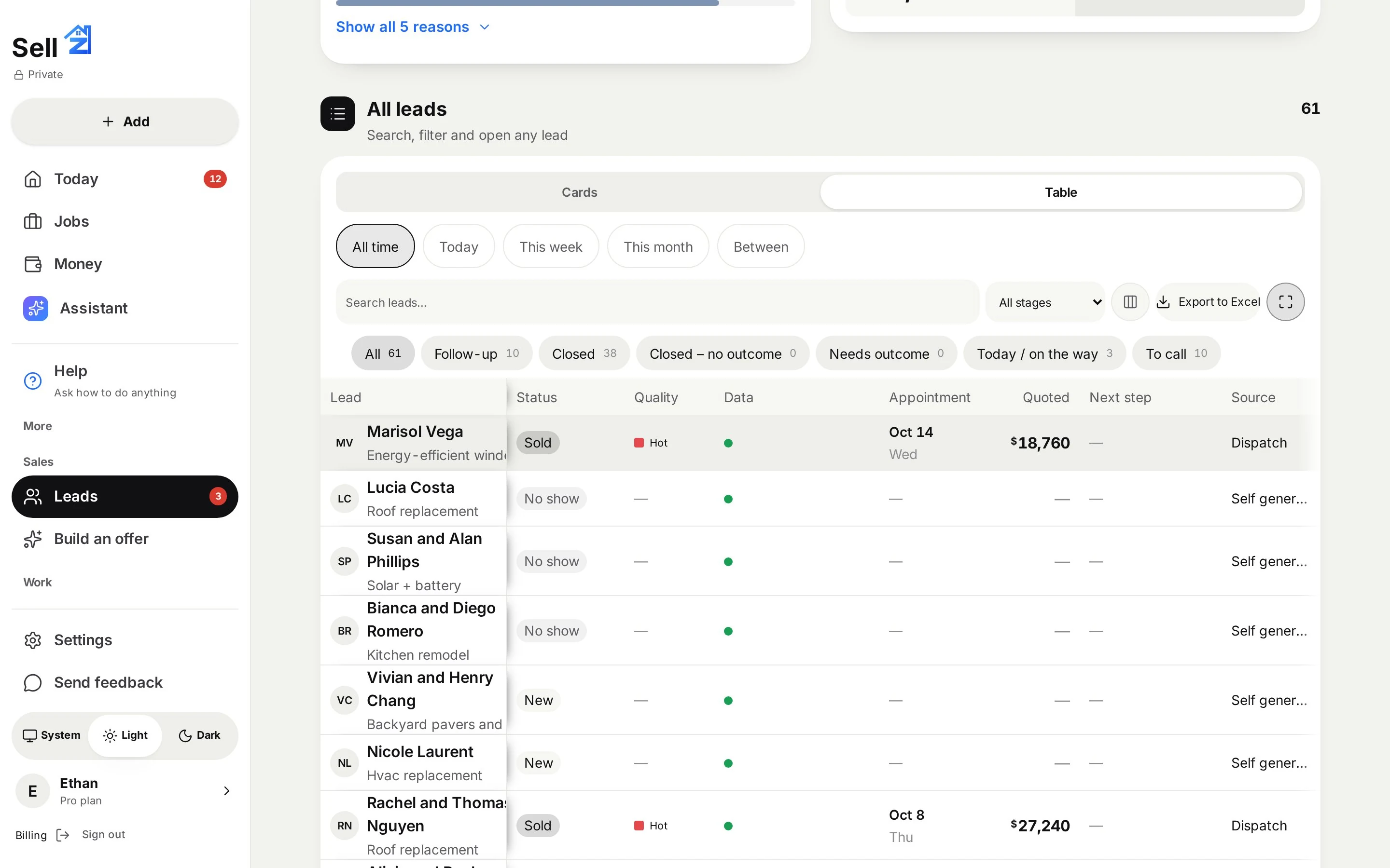 app · Leads table